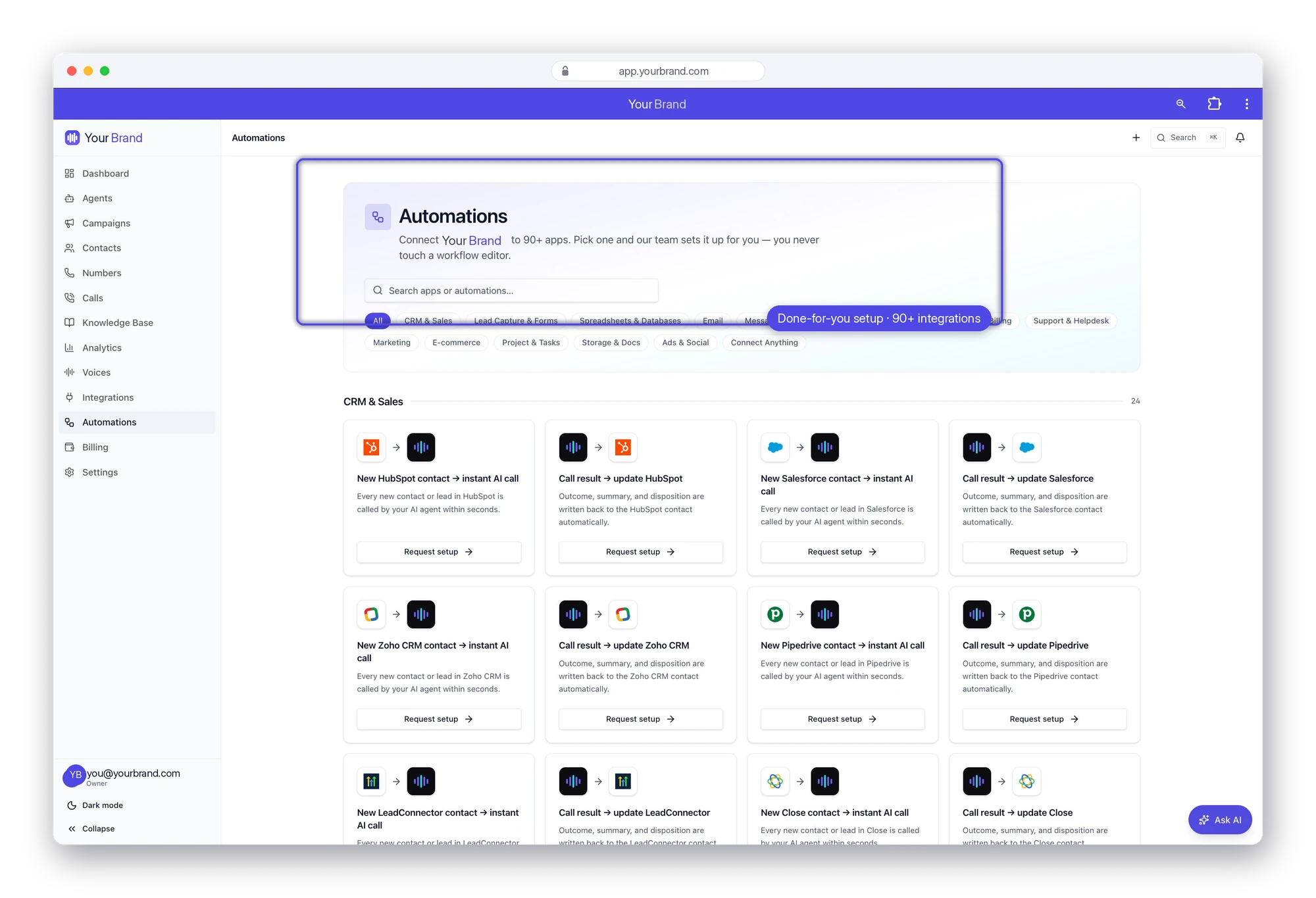 Automations: connect to 90+ apps, our team sets it up — done-for-you