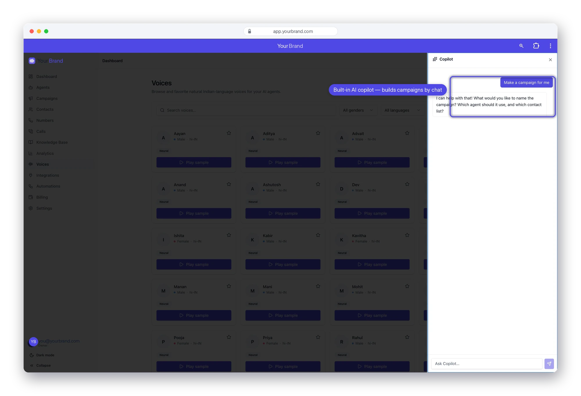 Built-in AI copilot builds campaigns by chat